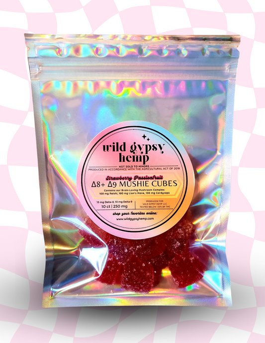 Δ8 + Δ9 MUSHIE CUBES | Strawberry Passionfruit - 250mg.